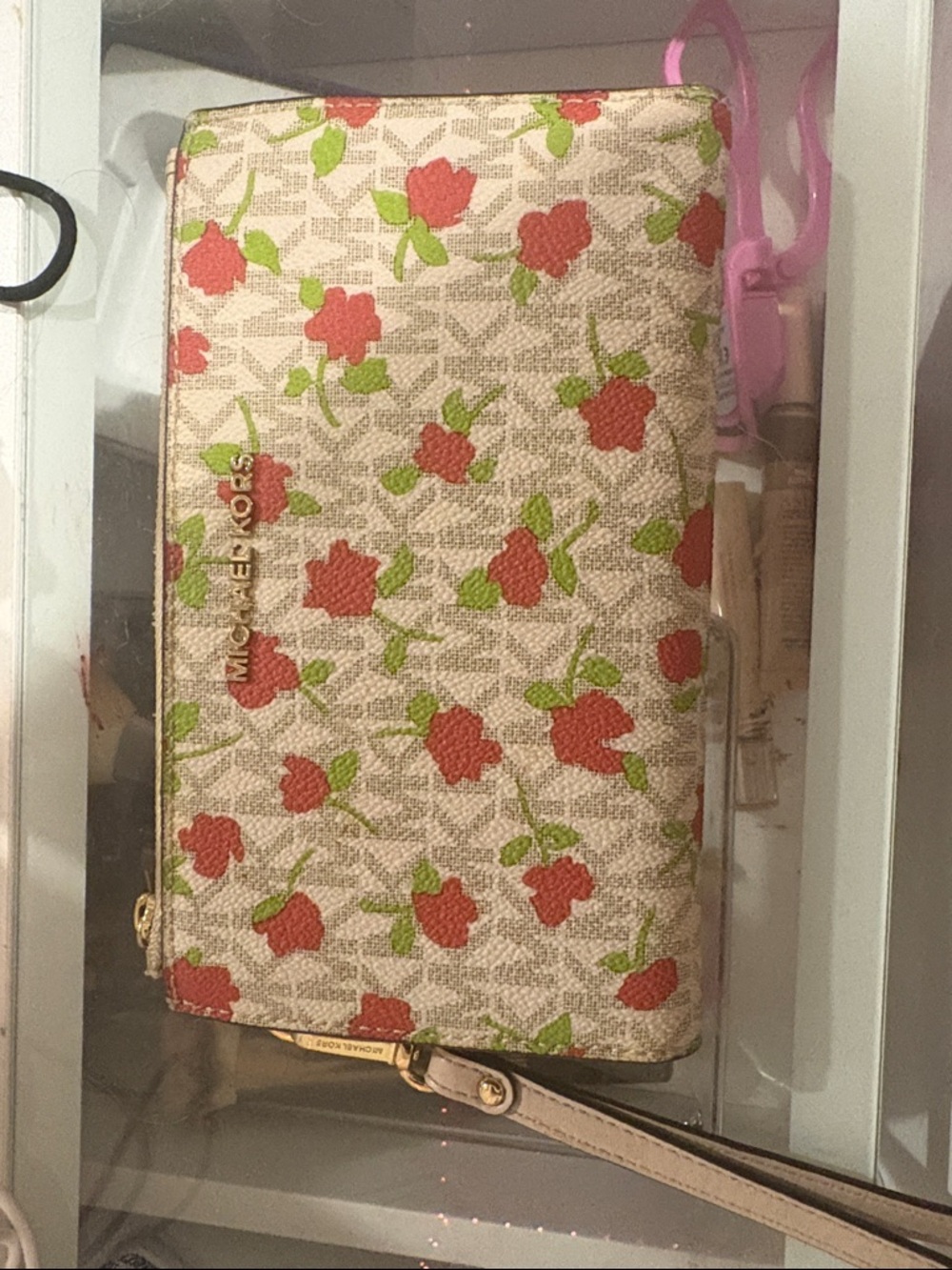 Michael Kors Beige Floral Zip-Around Wristlet Wallet with Red & Green Accents